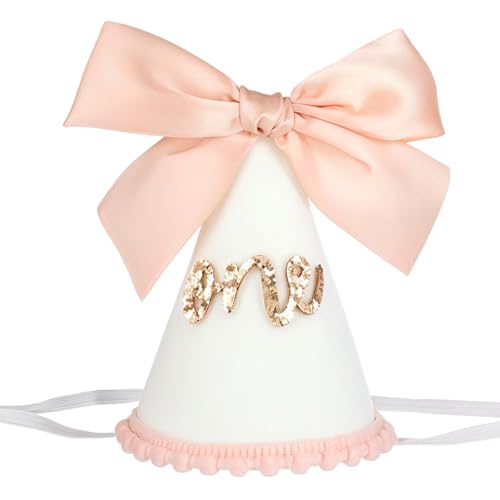 Pink Glitter Birthday Hat for 1 Year Old Girl - Bow Theme