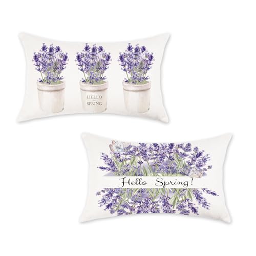 ONWAY Spring Lavender Pillow Covers 12x20 Inch Set of 2 - Floral Cushion Cases for Sofa & Couch