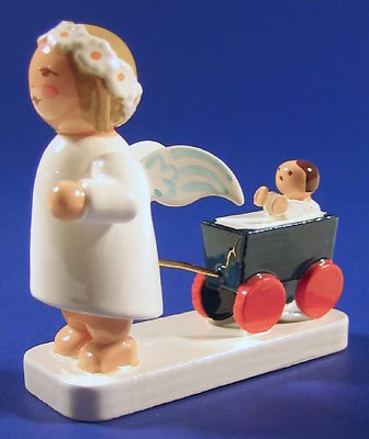 Handpainted Wooden Snowflake Angel Figurine with Wagon - German Holiday Decor