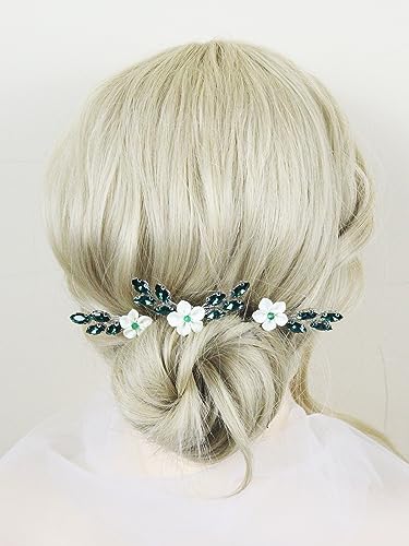 Brihasory Green White Flower Bridal Hair Pins 3PCS Rhinestone Hair Clips