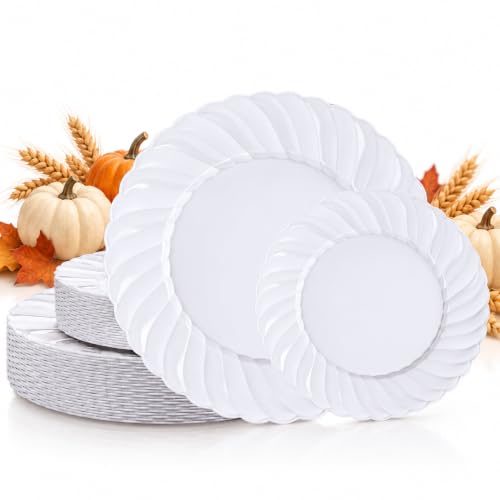 White Plastic Plates for Party Set - Scalloped Edges, 60 Pcs, Dinner & Dessert