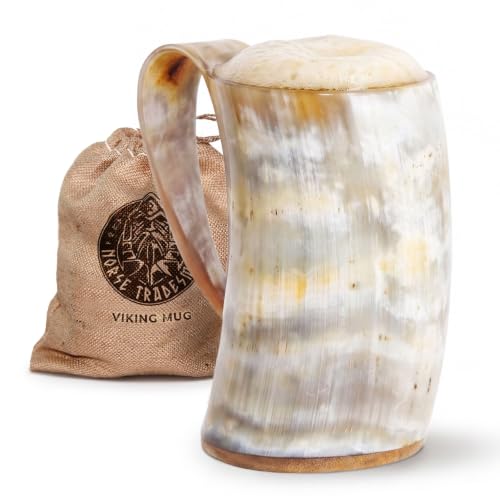 Viking Horn Mug - Light 16 oz, Authentic Ox Horn Drinking Vessel with Rustic Sack