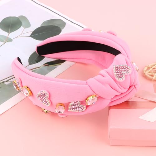 Valentine Rhinestone Heart Knotted Headband for Women Pink Hair Accessory