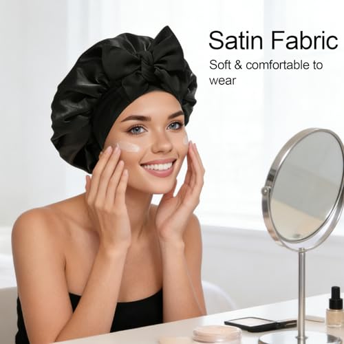 VOGTORY Double Layer Satin Sleep Bonnet with Tie Band for Curly Hair