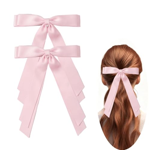 Dladhict 2 Pcs Pink Satin Hair Bow Clips, Large Double Ribbon Hair Accessories
