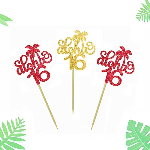 Gold Glitter Aloha 16th Cupcake Toppers - 24 PCS Party Decor