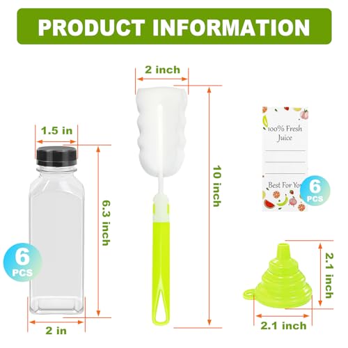 12 oz Reusable Plastic Juice Bottles - 6 Pack with Caps & Labels