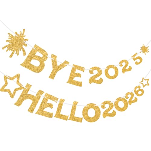 Bye 2025 Hello 2026 New Year Banner - Sparkling Gold Decorations