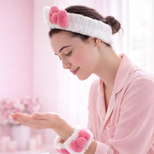 JazSwirl Cat Ear Spa Headband and Wristbands Set for Skincare and Face Washing