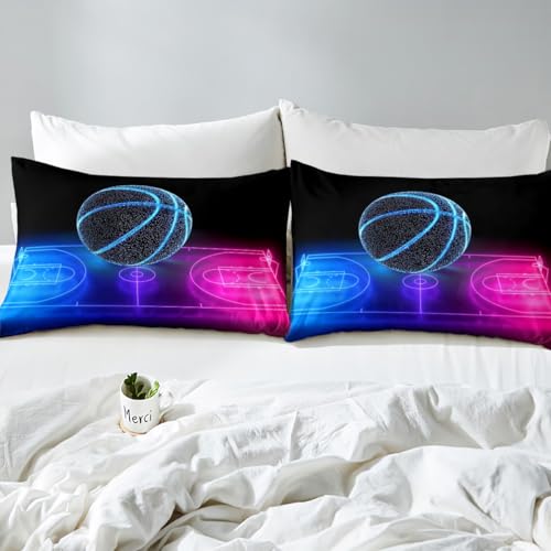 Basketball Duvet Cover Set Twin Size, Neon Blue & Purple Kids Bedding