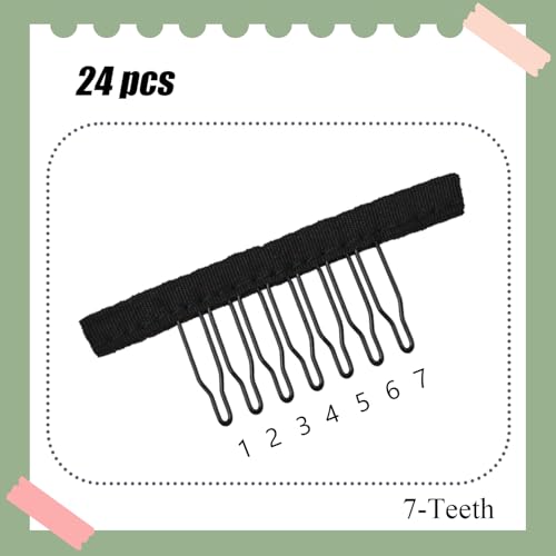 24 Pcs 7-Teeth Wig Combs Black - Secure Metal Wig Clips for Making Caps
