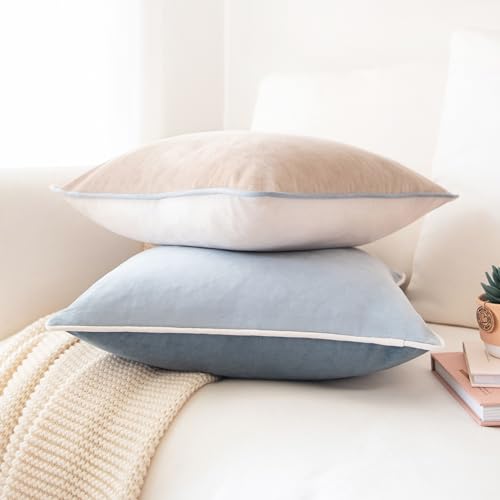 Monday Moose Velvet Throw Pillow Covers 16x16, Set of 2 Beige & Light Blue