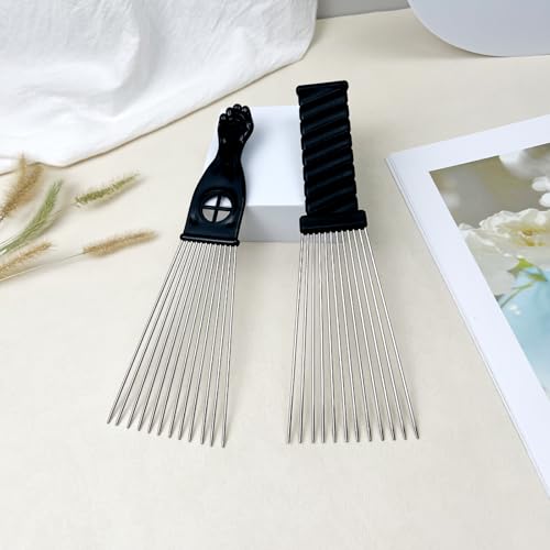 Metal Afro Comb Set - 2PCS Hair Pick with Black Fist Design