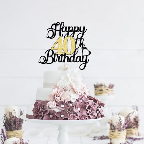 Auteby Black Gold Glitter 40th Birthday Cake Topper