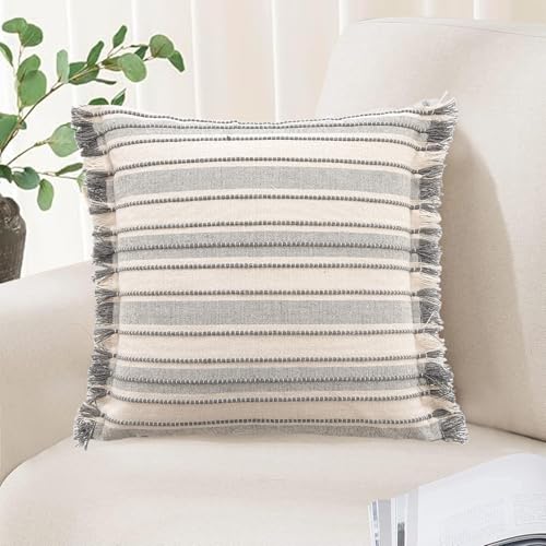 Beige and Grey Boho Decorative Throw Pillow Cover 18x18 - Modern Farmhouse Style