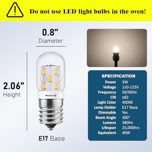 Maelsrlg E17 LED Microwave Light Bulb, 3W 40W Equivalent, Neutral White, 2 Pack