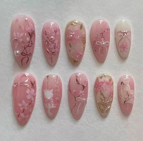 Pink Almond Press on Nails with Cherry Blossom and Bow Design