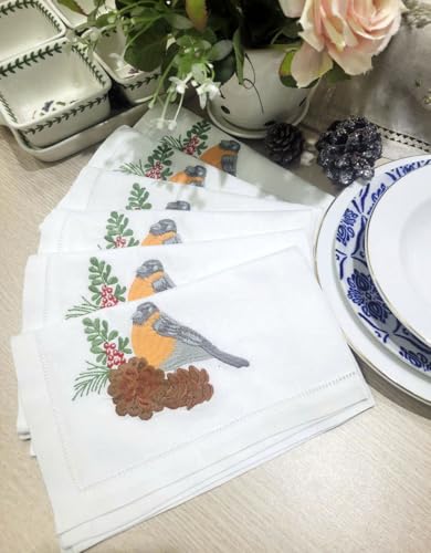 Christmas Bird & Pine Embroidered Cloth Napkin Set of 6 - 20x20 Cotton Table Linens with Hemstitch Details - Holiday & Daily Use