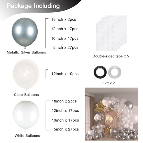 136pcs White Silver Clear Balloon Garland Arch Kit - Party Decor