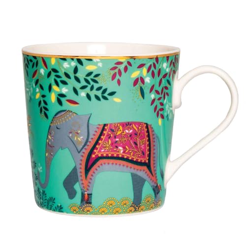 Sara Miller London India Elephant¡¯s Oasis Mug - 12oz Fine China Cup in Jade Green with 22ct Gold Accents, Collectible Tableware & Artistic Dinnerware Gift for Elephant Lovers & Afternoon Tea
