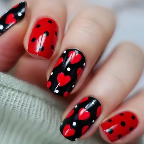 Valentine's Day Press On Nails Medium Square Red Heart Fake Nails 24 Pcs