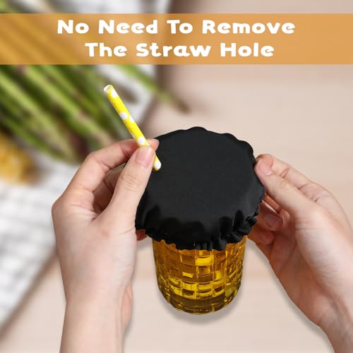 10 PCS Universal Drink Cover Scrunchies, Washable Universal Drink Protector Cap, Reusable Elastic Drink Protector with Straw Hole for Alcohol Safety Cups Glasses Polyester Cup Covers (Black)