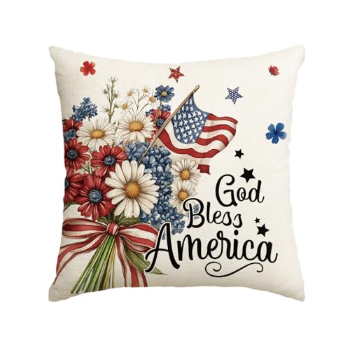 4th of July Throw Pillow Cover - God Bless America Daisy Pattern 18x18 Inch Independence Day Decor Cushion Case