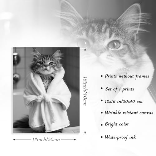 Funny Cat Bathroom Wall Art - Cute Cat in Bathrobe Poster 12x16