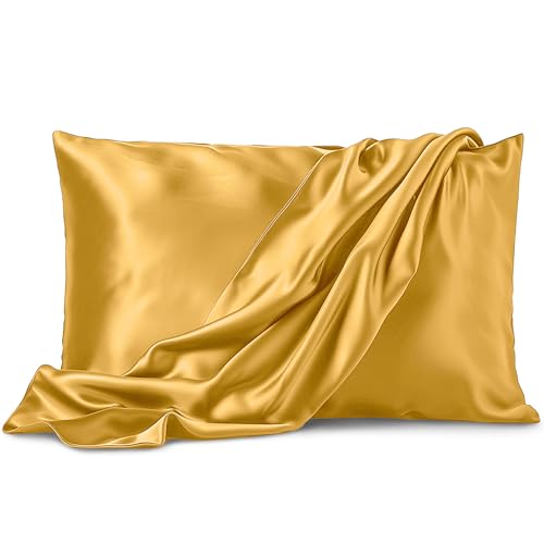 Gold Satin Pillowcase 2 Pack for Queen Size Bed - Silky Microfiber Sleep Cover - Pure Bedding