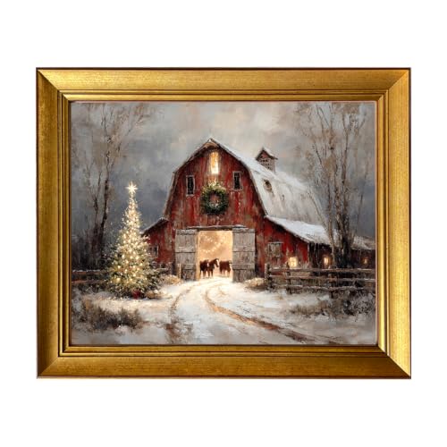 Vintage Christmas Wall Art Canvas Print - Red Barn Snow Scene, Framed 16x12 Inches