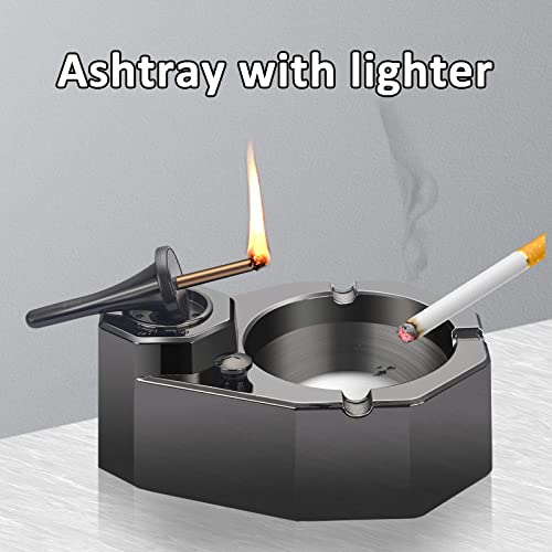 Black Stainless Steel Cigarette Ashtray with Refillable Match Lighter - Gift for Men