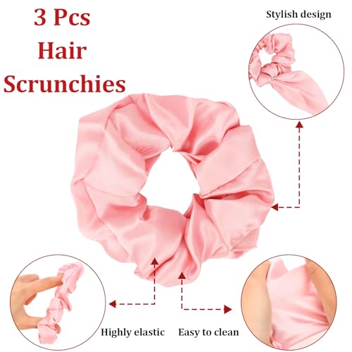 Esitrormi 3-Piece Pink Satin Hair Scrunchies with Bow and Ribbon