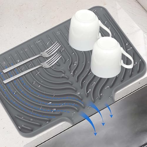 Dish Drying Mat with Drain Lip - 14.7x10.2 Inch Grey Silicone Pad