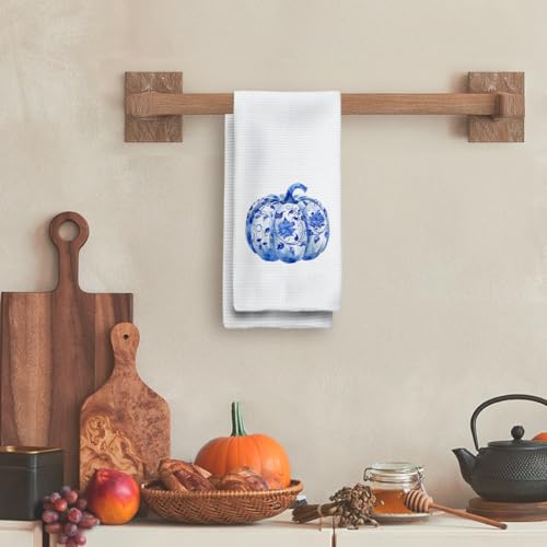 Blue and White Pumpkin Kitchen Towels - 16x24 Inches, Farmhouse Decor
