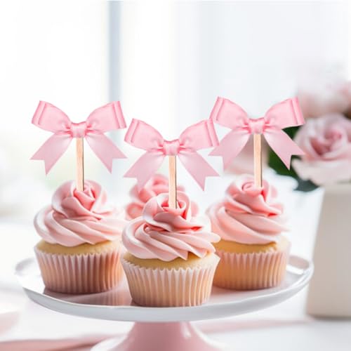 24 Pcs Rose Pink Bow Cupcake Toppers for Birthday Decor