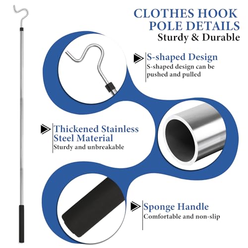Greeily 50-inch Extendable Clothes Hook Pole Stainless Steel Reach & Hanging Tool