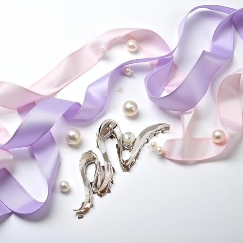 Metallic Ribbon Pearl Hair Claw Clip Large Silver Non-Slip Barrette