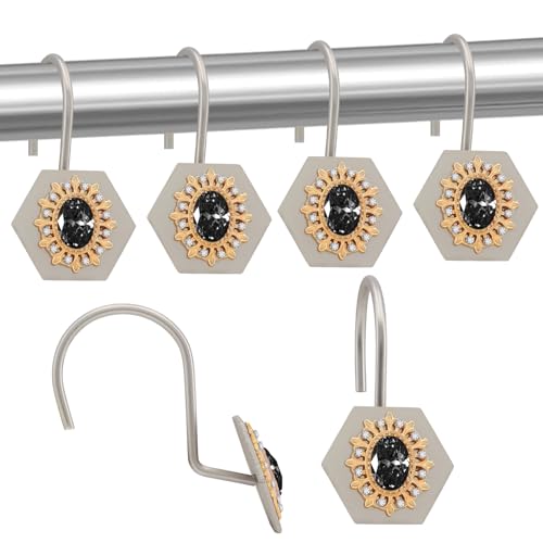 Luxury Diamond Shower Curtain Hooks - 12PCS Metal Rings (Black Silvery)