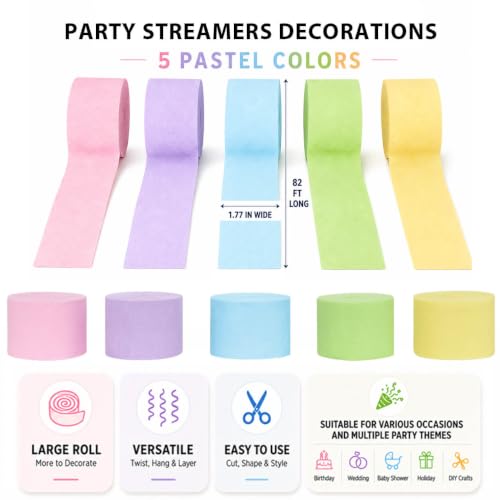 Pastel Rainbow Crepe Paper Streamers - 5 Pack for Birthday Party Decor