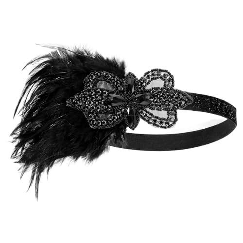 Yolev Black Flapper Headband with Feathers & Rhinestones for 1920s Party