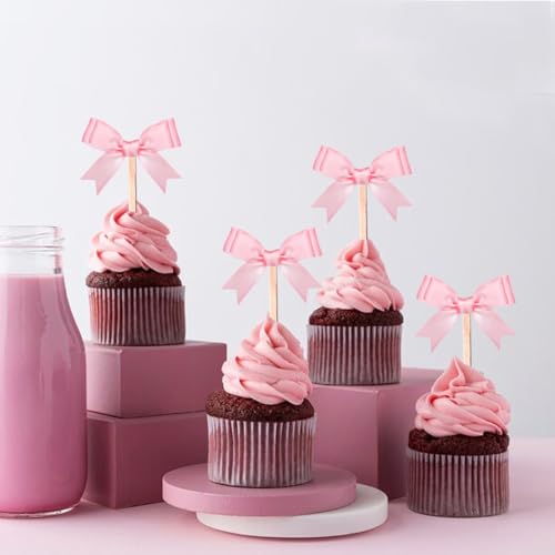 24 Pcs Rose Pink Bow Cupcake Toppers for Birthday Decor