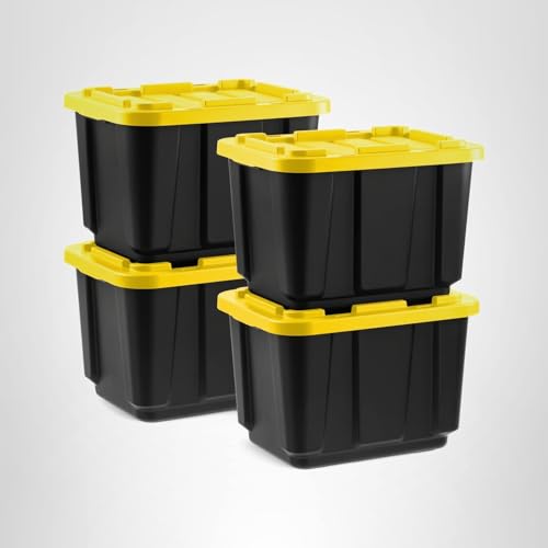 IRIS USA 4-Pack 12 Gallon Storage Bins with Lids |Made in USA| Heavy Duty Plastic Tote Containers for Truckbed Tool Box Organization, Large - Black/Yellow