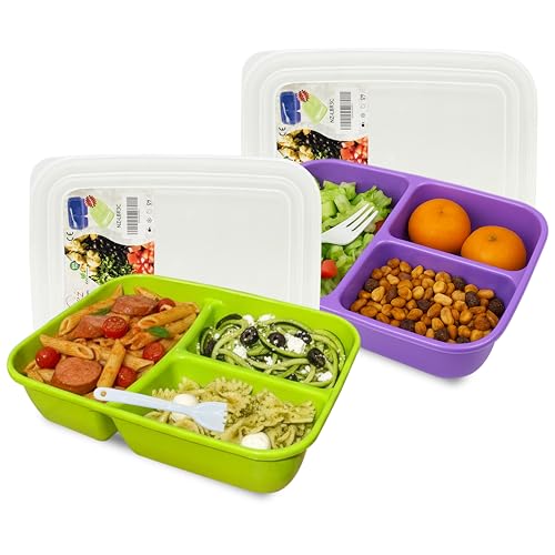Neez 2 Pack 48oz Bento Lunch Containers - 3 Compartment, Leak Proof & Microwave Safe
