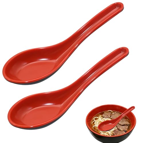 WeiMeet Melamine Soup Spoons - Red and Black Asian Wonton Ramen Spoons, 2 Pcs