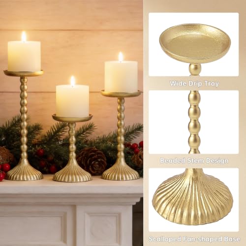Vintage Gold Cast Iron Pillar Candle Holder Set - 3 Piece, Graduated Heights