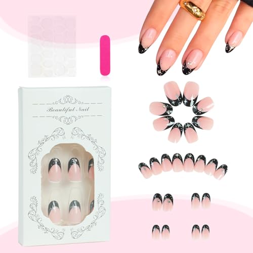 Black French Tip Press On Nails Medium Almond Fake Nails with Silver Stars