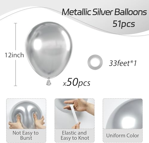 12-Inch Metallic Silver Balloons - 50 Pack for Events