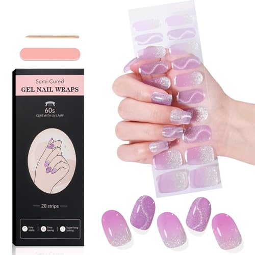 WOKOTO Purple Cat Eye Semi-Cured Gel Nail Strips UV Wraps 20 Tips