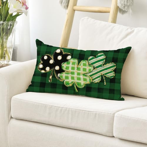 AVOIN colorlife St Patricks Day Clover Pillow Cover 12x20 Dark Green Buffalo Plaid Shamrock Cushion for Sofa Couch