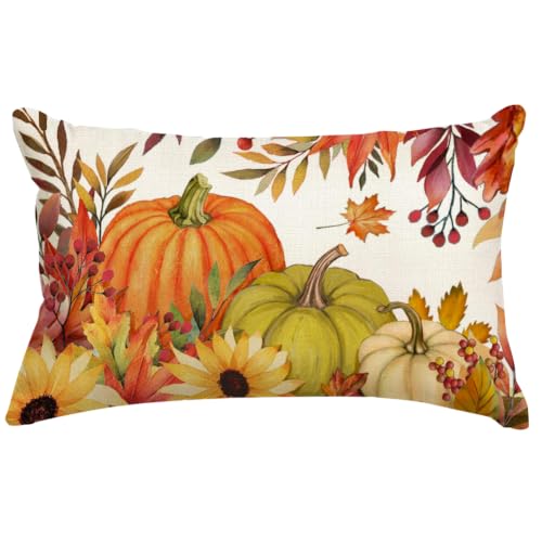 Fall Pumpkin Throw Pillow Cover 12x20 - Rust Maple Leaf Design
